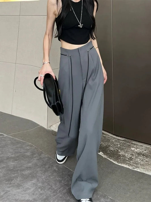 Harajuku Office Lady Basic Grey Wide Leg High Waist Pant