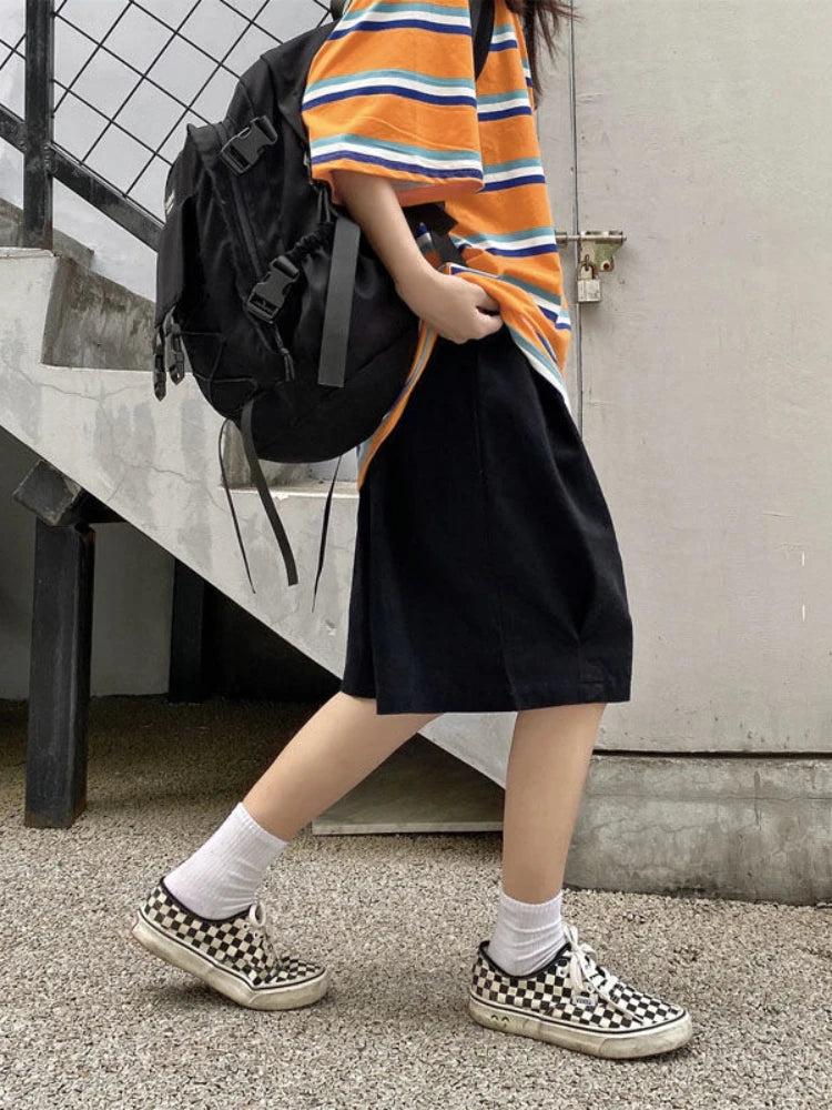 Harajuku Oversize Khaki Cargo Shorts Japanese Style Wide Leg Black Pant