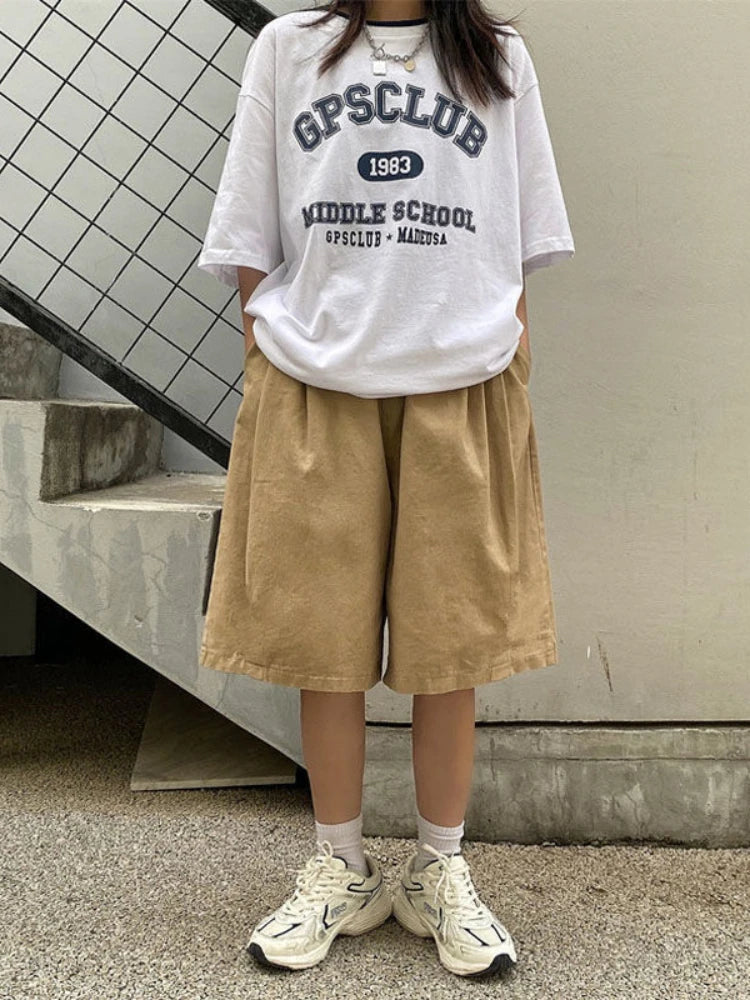 Harajuku Oversize Khaki Cargo Shorts Japanese Style Wide Leg Black Pant