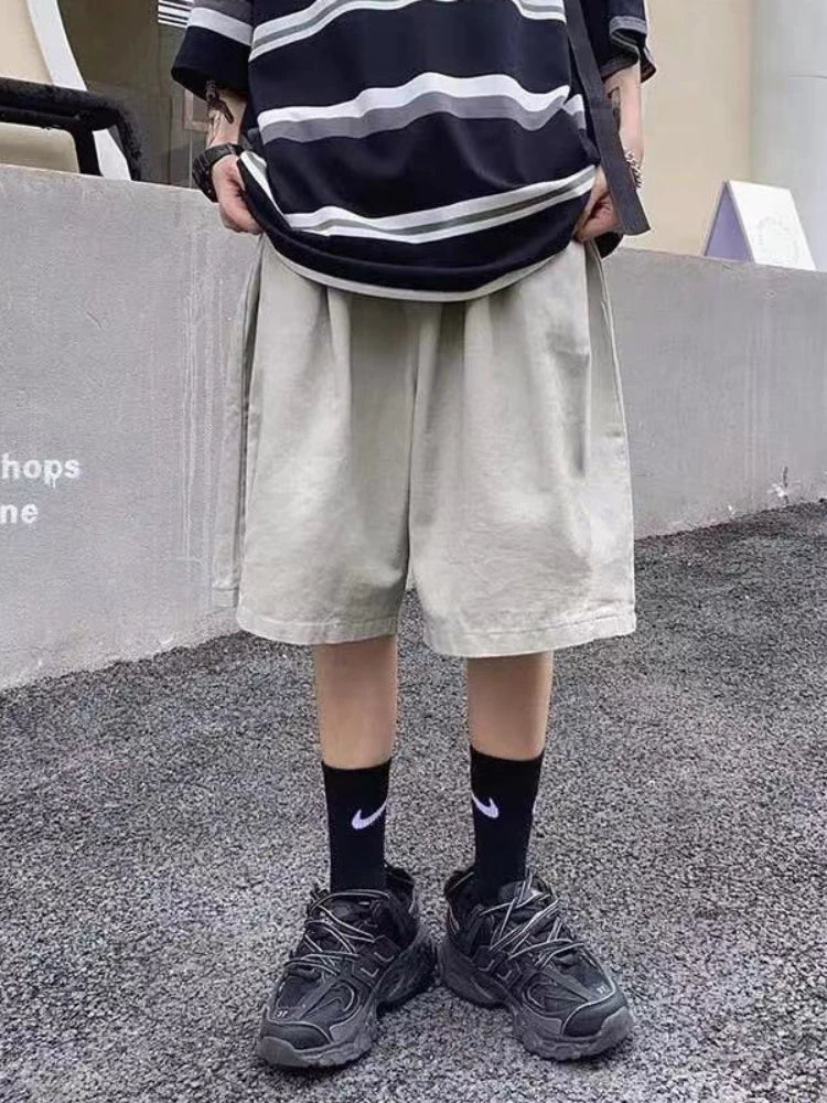 Harajuku Oversize Khaki Cargo Shorts Japanese Style Wide Leg Black Pant