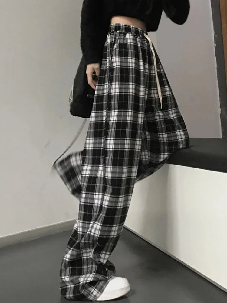 Oversize Plaid Korean Checked for Female Wide Leg Pant