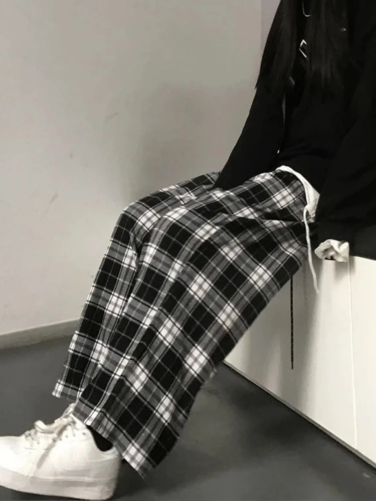 Oversize Plaid Korean Checked for Female Wide Leg Pant