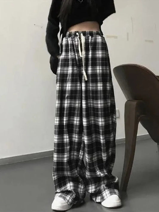 Oversize Plaid Korean Checked for Female Wide Leg Pant