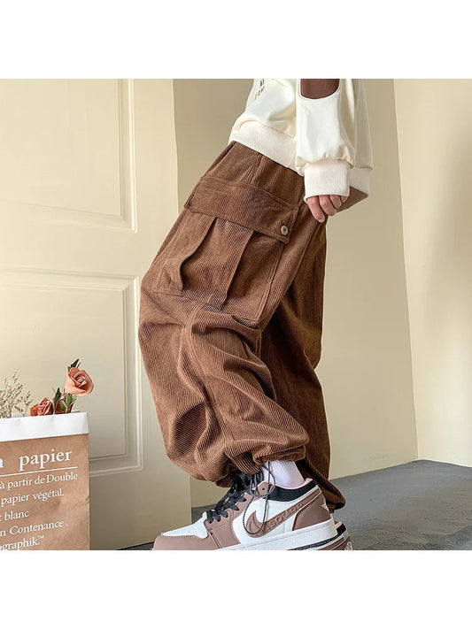 Harajuku Brown Corduroy Cargo Japanese Style Hip Hop Oversized Baggy Pant
