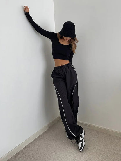 Hip Hop Reflective Cargo Cyber Punk Y2k Oversize Striped Sweatpants Pant