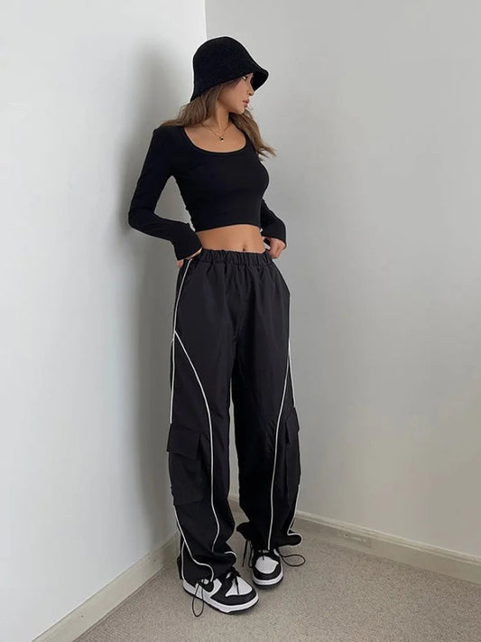 Hip Hop Reflective Cargo Cyber Punk Y2k Oversize Striped Sweatpants Pant