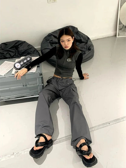 Hippie Gray Cargo Y2k Baggy Techwear Wide Leg Sweatpant