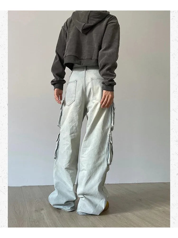 Japanese Y2k Grunge Blue Cargo 90s Multy Pockets Distressed Pant