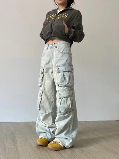 Japanese Y2k Grunge Blue Cargo 90s Multy Pockets Distressed Pant