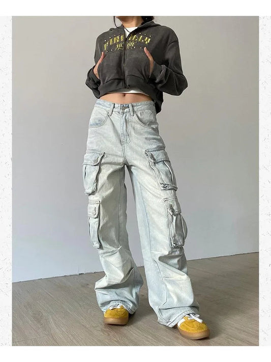 Japanese Y2k Grunge Blue Cargo 90s Multy Pockets Distressed Pant