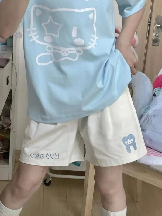 Kawaii Beige Shorts Japanese Style Cartoon Wide Leg Pant