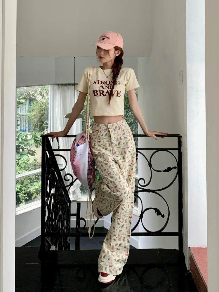 Kawaii Korean Cartoon Print Beige Harajuku Kpop Oversize Wide Y2k Pant