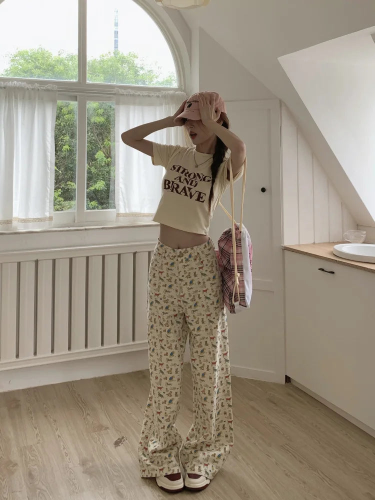 Kawaii Korean Cartoon Print Beige Harajuku Kpop Oversize Wide Y2k Pant