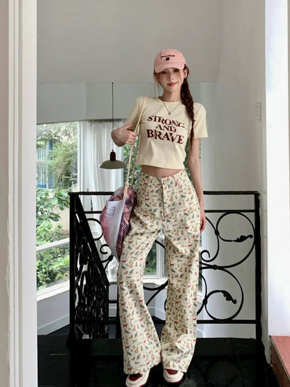 Kawaii Korean Cartoon Print Beige Harajuku Kpop Oversize Wide Y2k Pant