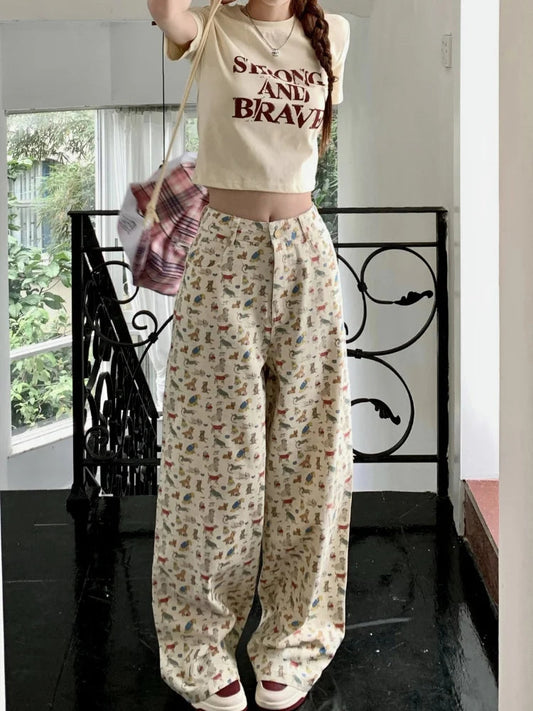 Kawaii Korean Cartoon Print Beige Harajuku Kpop Oversize Wide Y2k Pant