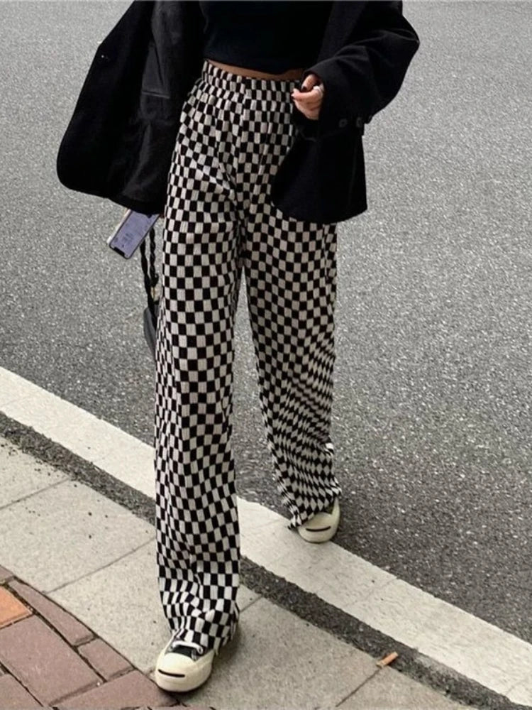 Black White Plaid Harajuku Wide Leg Checkerd Pant