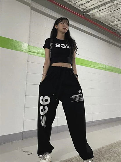 Korean Letter Print Joggers Black Oversized Wide Leg Punk Pant
