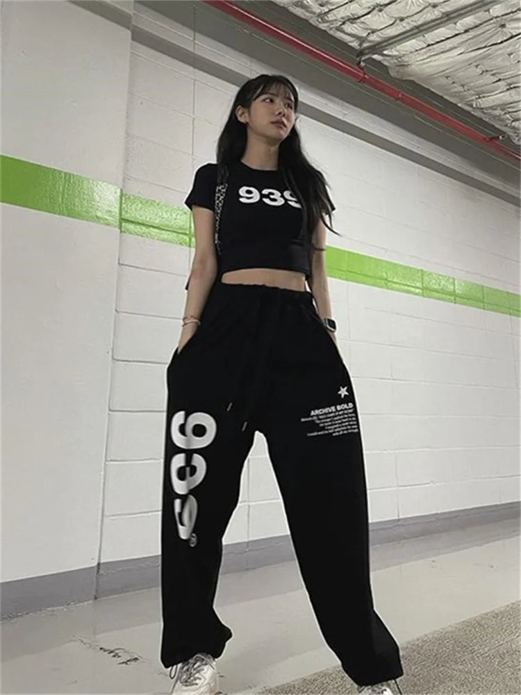 Korean Letter Print Joggers Black Oversized Wide Leg Punk Pant