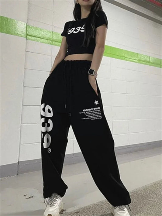 Korean Letter Print Joggers Black Oversized Wide Leg Punk Pant