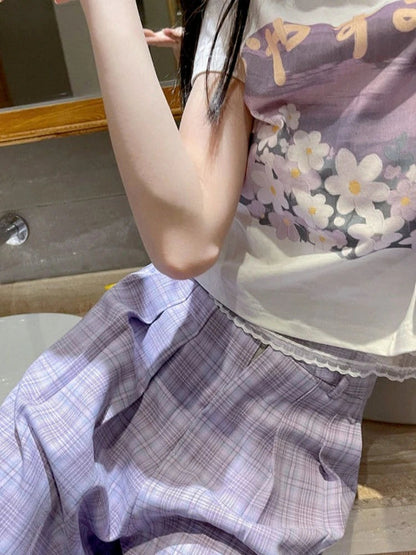 Purple Plaid Kawaii Soft Girl Oversize Wide Leg Checked Pant