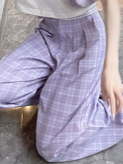 Purple Plaid Kawaii Soft Girl Oversize Wide Leg Checked Pant
