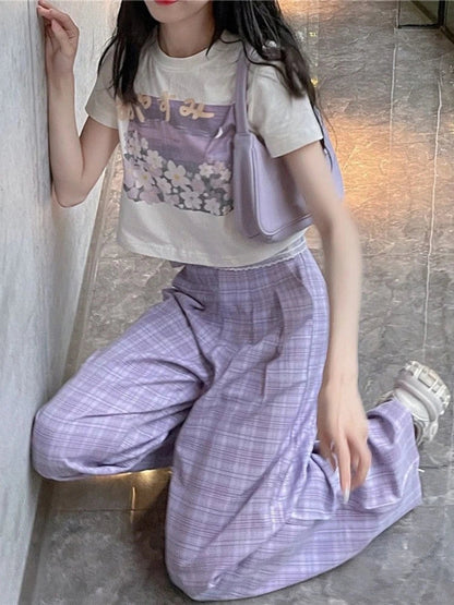 Purple Plaid Kawaii Soft Girl Oversize Wide Leg Checked Pant