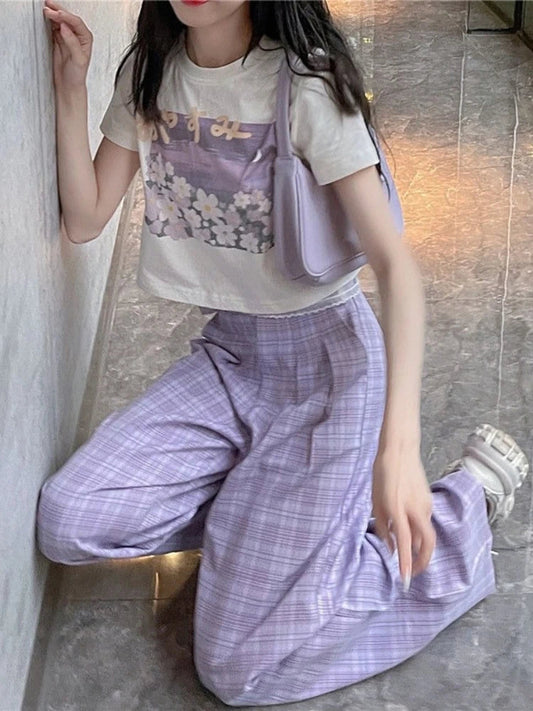 Purple Plaid Kawaii Soft Girl Oversize Wide Leg Checked Pant