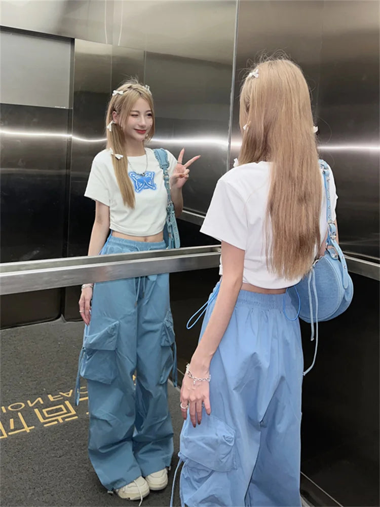 Korean Style Blue Cargo Y2k Retro Parachute Oversize Pant