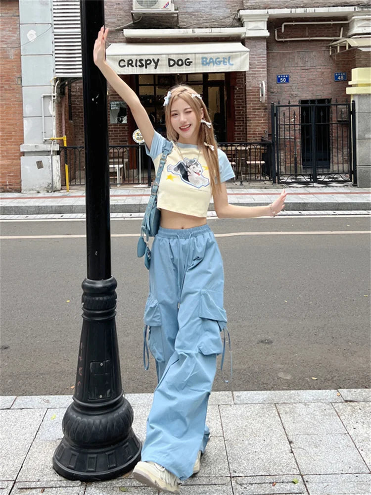 Korean Style Blue Cargo Y2k Retro Parachute Oversize Pant