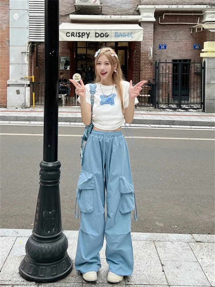 Korean Style Blue Cargo Y2k Retro Parachute Oversize Pant