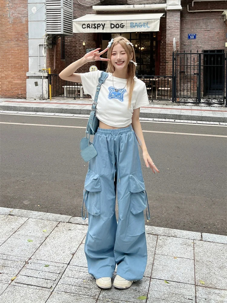 Korean Style Blue Cargo Y2k Retro Parachute Oversize Pant