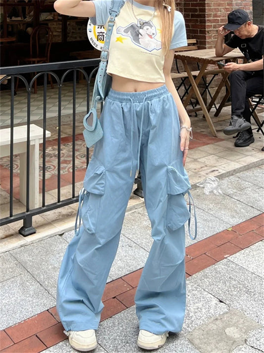 Korean Style Blue Cargo Y2k Retro Parachute Oversize Pant