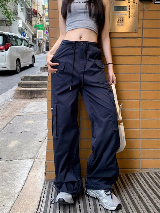 Korean Style Drawstring Sweatpants Y2k Navy Blue Oversized Pant