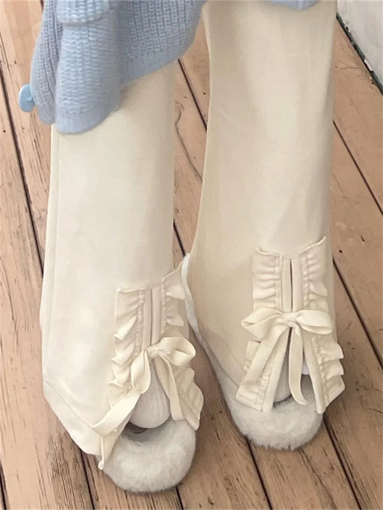 Korean Sweet Pink Lolita Ruffles Beige Girly Wide Pant