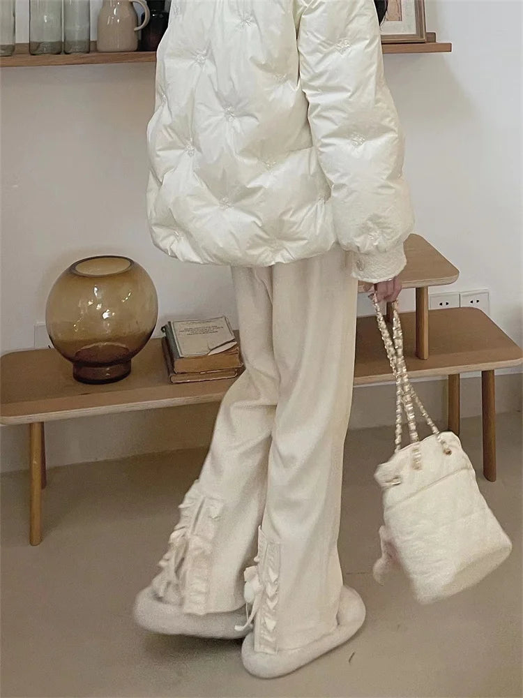 Korean Sweet Pink Lolita Ruffles Beige Girly Wide Pant