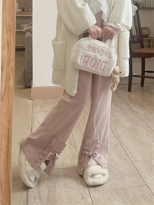 Korean Sweet Pink Lolita Ruffles Beige Girly Wide Pant
