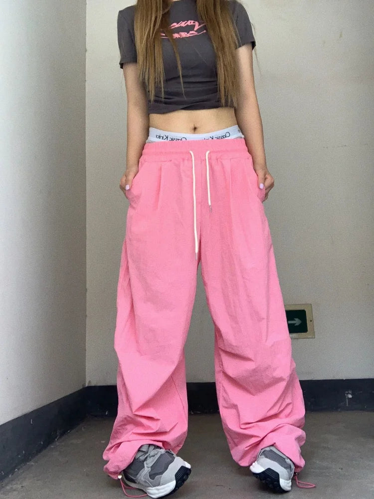 Kpop Hippie Pink Baggy Track Y2k Gyaru Korean Style Oversize Pant