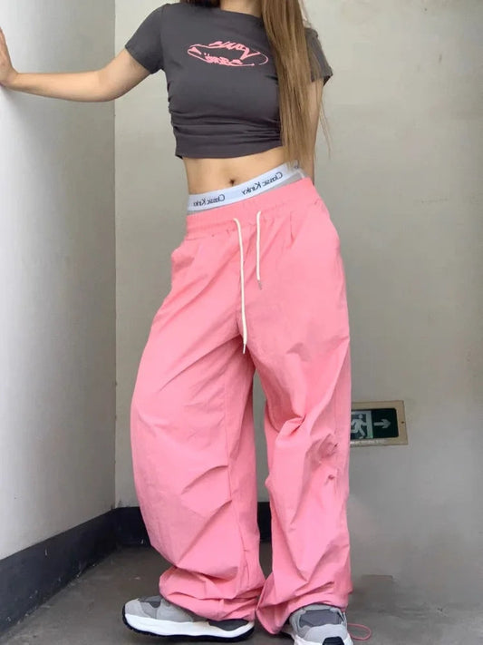 Kpop Hippie Pink Baggy Track Y2k Gyaru Korean Style Oversize Pant