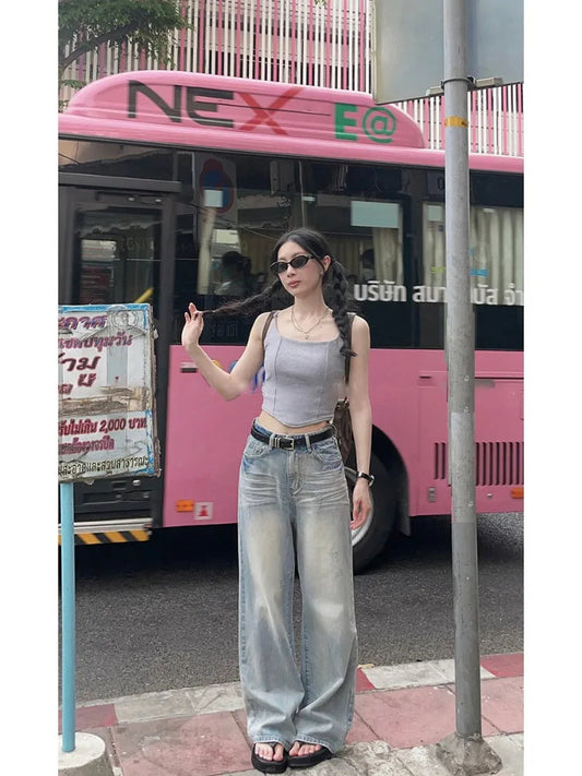 Blue Baggy Kpop Y2k Distressed Oversize Wide Leg Pant