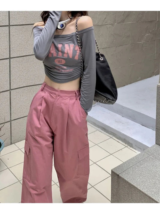 Kpop Y2k Pink Cargo Korean Oversized Wide Leg Pant