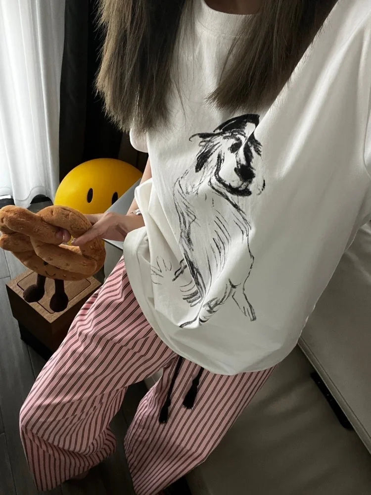 Pink Striped Wide Leg Korean Baggy Sweatpants