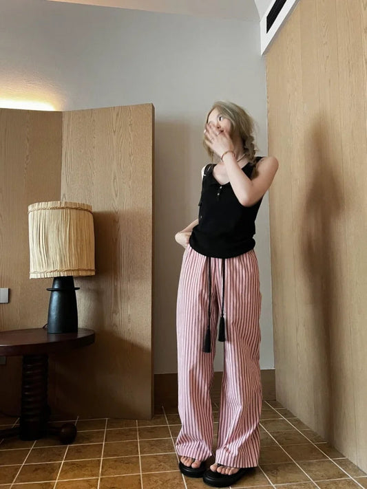 Pink Striped Wide Leg Korean Baggy Sweatpants