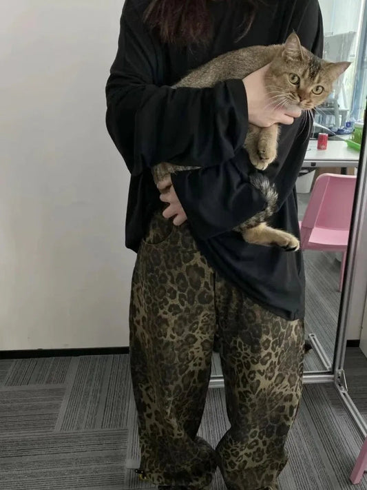 Retro Leopard Baggy Grunge Wide Leg Denim Pant