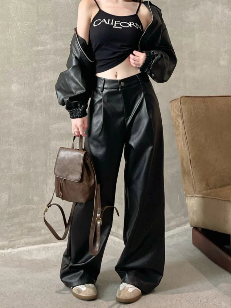 Brown Pu Leather Y2k Korean Black Wide Leg Oversize Pant