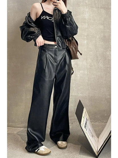 Brown Pu Leather Y2k Korean Black Wide Leg Oversize Pant