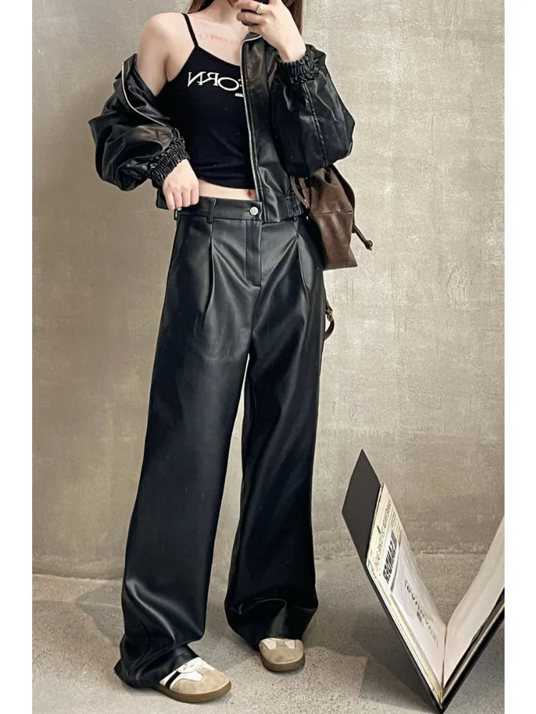 Brown Pu Leather Y2k Korean Black Wide Leg Oversize Pant
