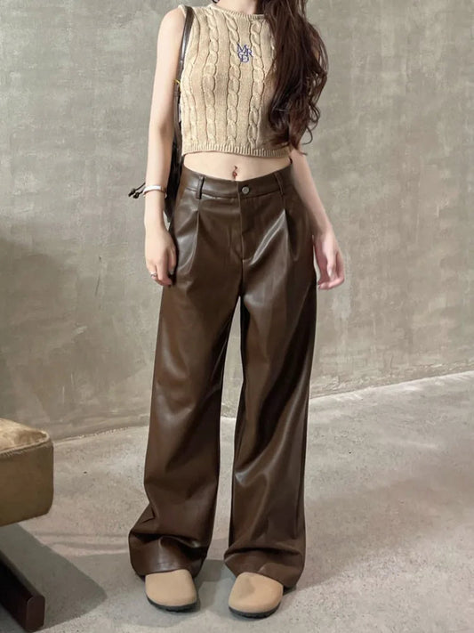 Brown Pu Leather Y2k Korean Black Wide Leg Oversize Pant