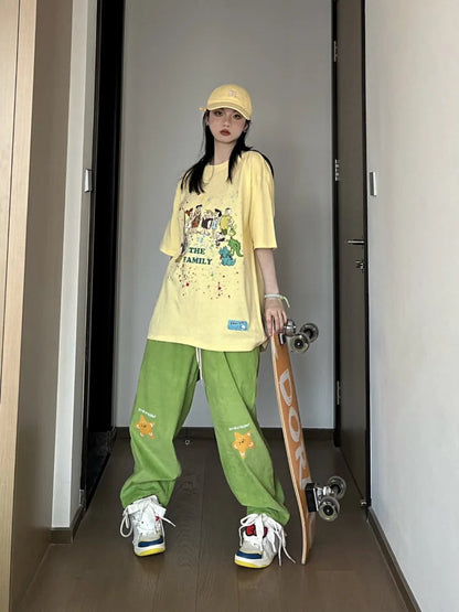 Hippie Star Print Corduroy Kawaii Green Wide Leg Sweatpants Pant