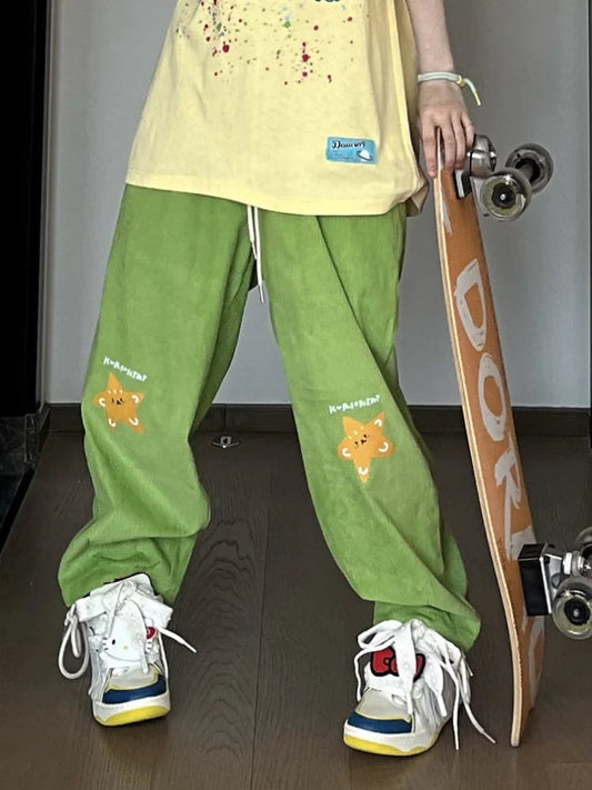 Hippie Star Print Corduroy Kawaii Green Wide Leg Sweatpants Pant