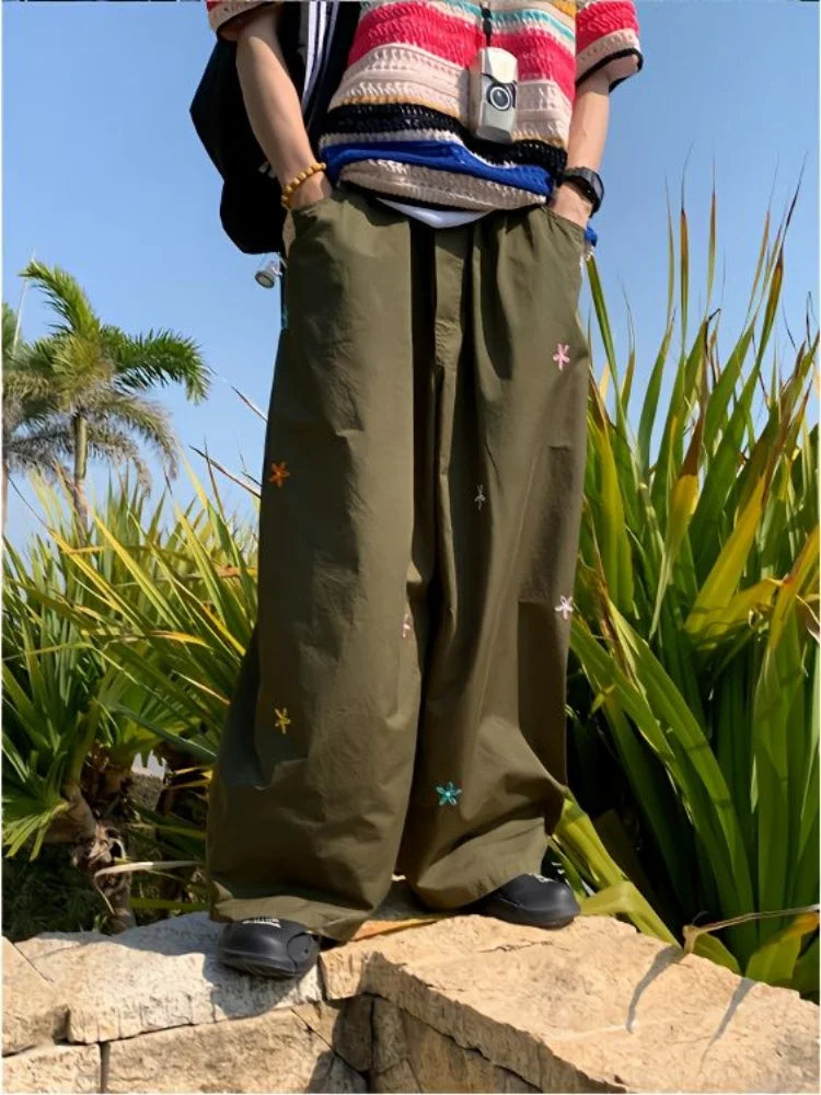 Korean Green Cargo Harajuku Hippie Kpop Embroidery Baggy Pant